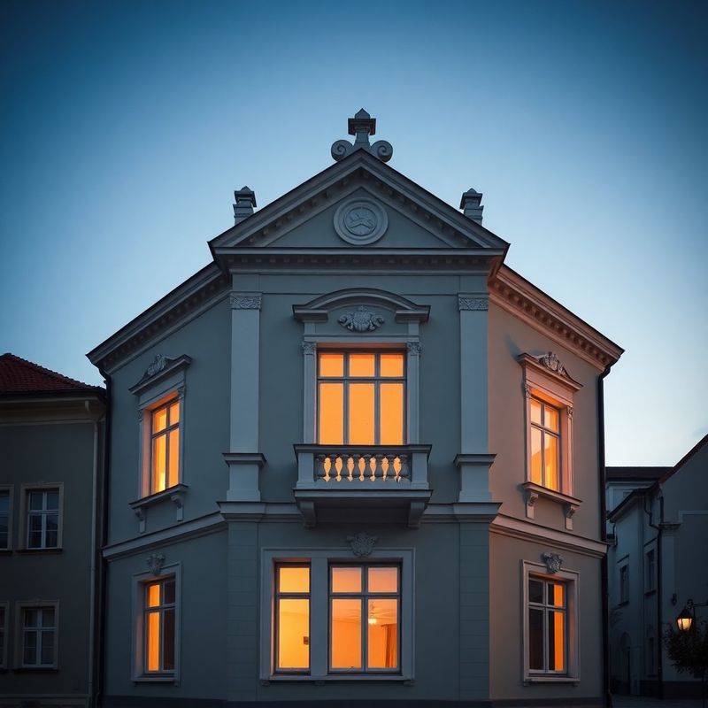 Fasáda historickej budovy v Banskej Bystrici za súmraku s koralovým svetlom v okne