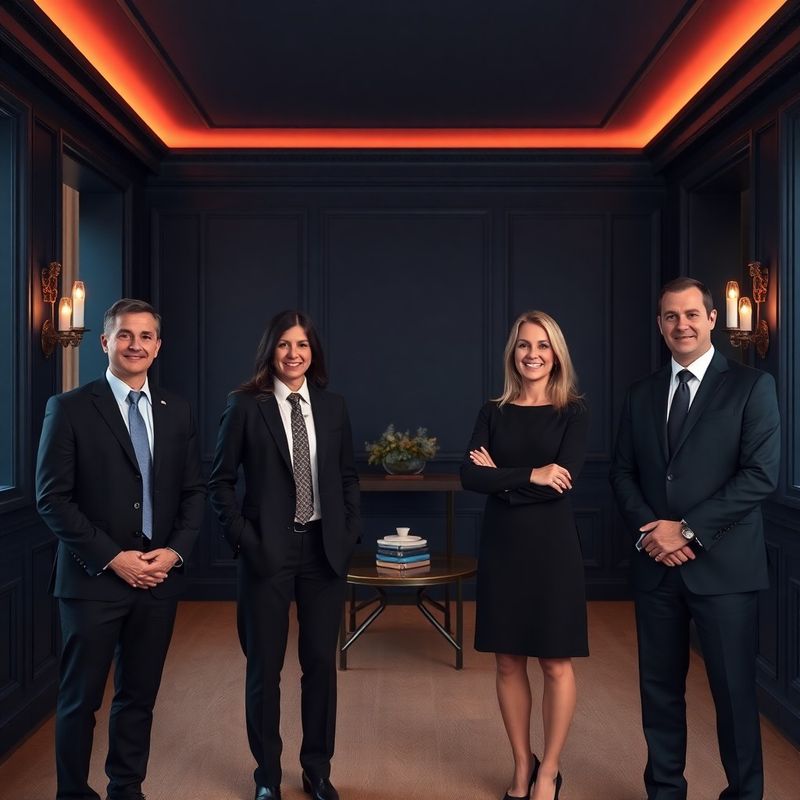 Štyria poradcovia v tmavomodrom interiéri s koralovým ambientným svetlom